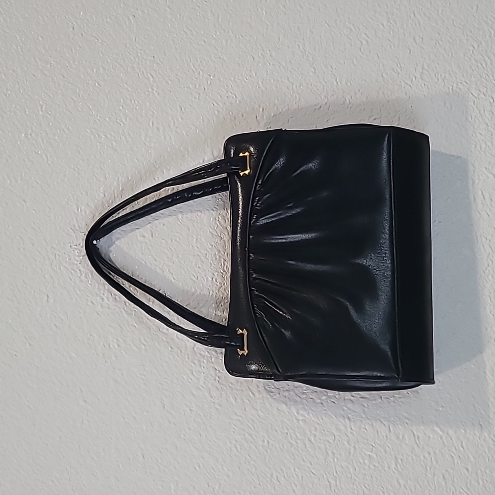 Vintage black pleather clam shell handbag 1950s